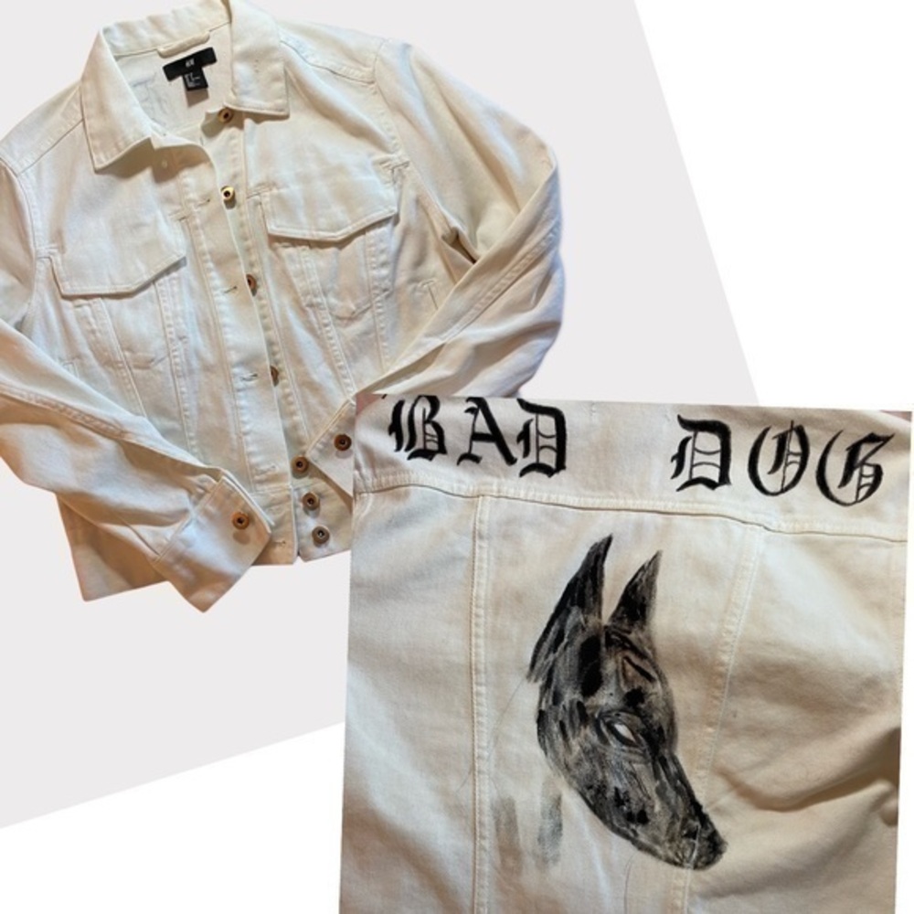 H&M white jean jacket size (4) bad dog image on back